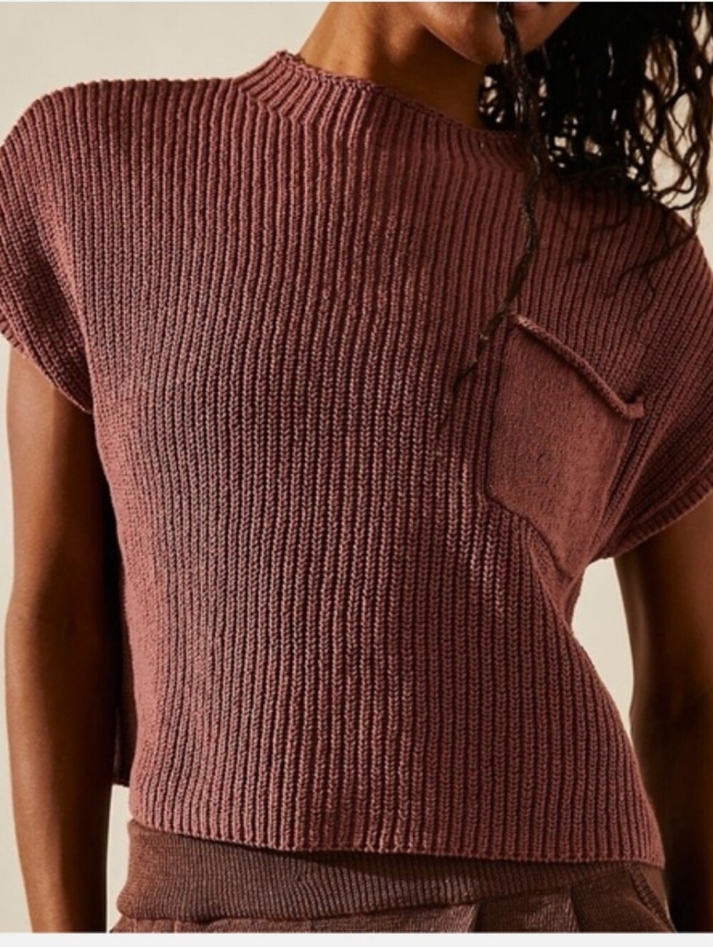 Free People Freya Sweater Ribbed Short-Sleeve Sweater Top in a Dusty Rose Large